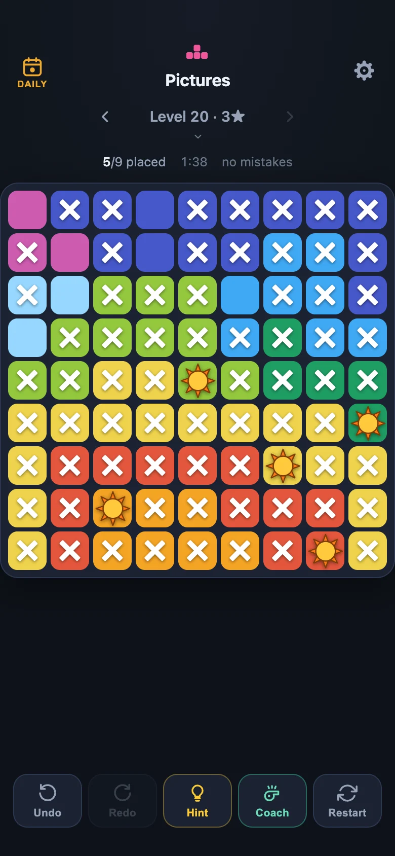 A Pictures board part-way solved: five suns down, four to go.