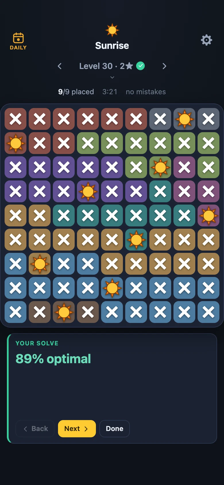 Review My Solve on a finished board: 89% optimal.