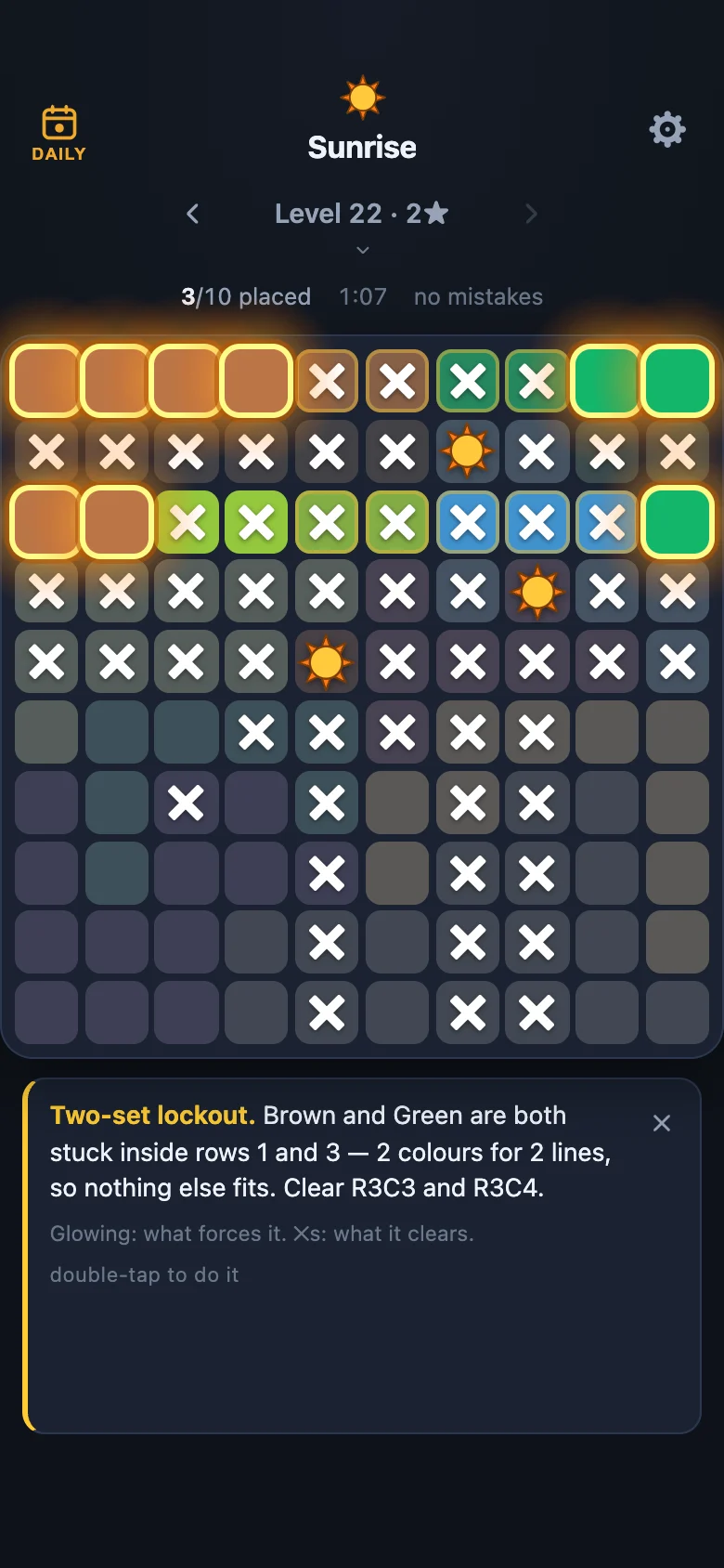 A hint explaining a two-set lockout, with the squares that force it glowing.